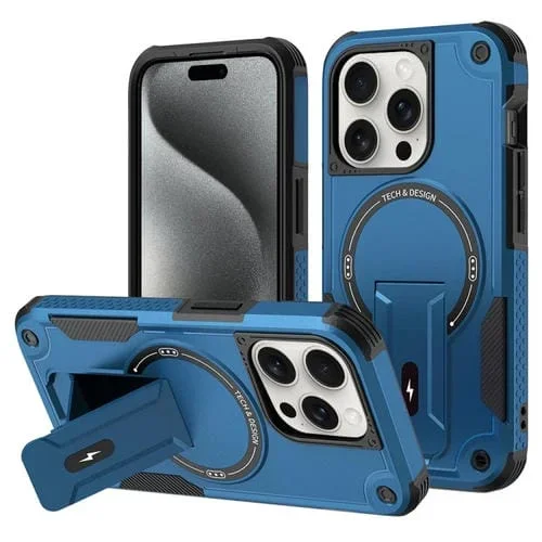 Funda para Teléfono iPhone 15 Pro Max Magsafe Holder Armor PC Hybrid TPU (Azul Oscuro)