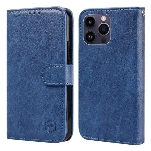 Funda para Teléfono iPhone 15 Pro Max Skin Feeling Oil Textura de Cuero PU + TPU (Azul Oscuro)