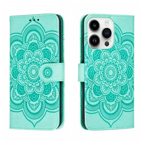 Funda para Teléfono iPhone 15 Pro Max Sun Mandala de Cuero con Relieve (Verde)