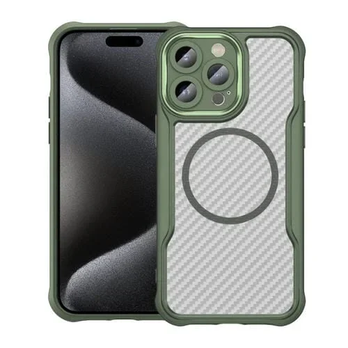 Funda para Teléfono iPhone 15 Pro Max Translúcida Magsafe con Textura de Fibra de Carbono (Verde)