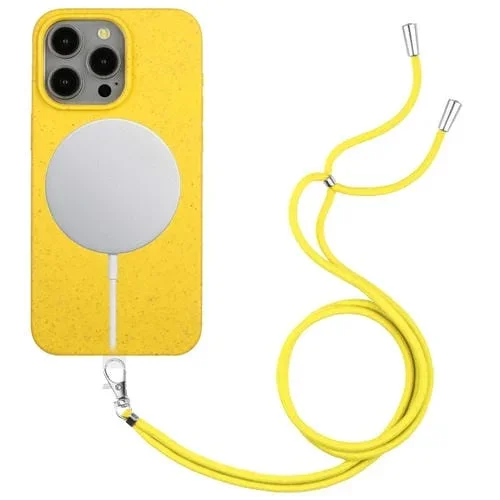 Funda para Teléfono iPhone 15 Pro Max Wheat Magsafe Material de Paja Magnética + TPU con Cordón (Amarillo)