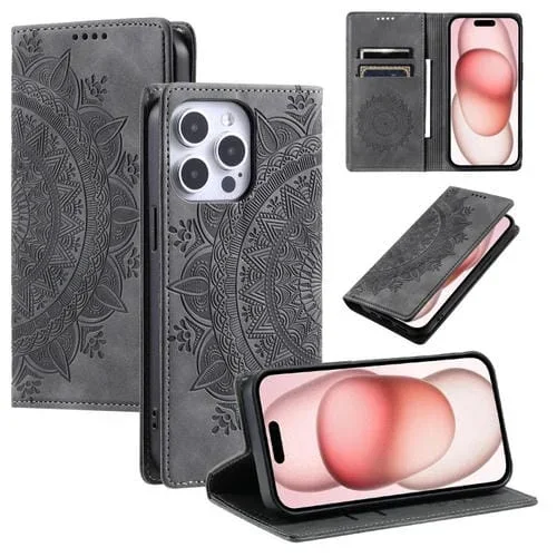 Funda para Teléfono iPhone 15 Pro Totem Cuero Magnética En Relieve (Gris)