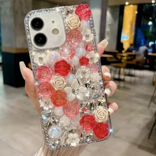 Funda para Teléfono iPhone 15 Rose Hand-Set Pearl Diamond PC (Rojo)