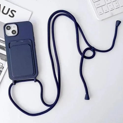 Funda para Teléfono iPhone 15 Silicona Elástica con Tarjetero y Cordón Cruzado (Azul Oscuro)
