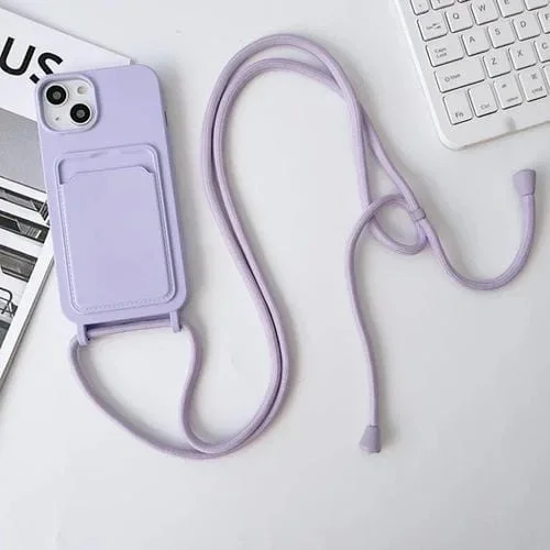 Funda para Teléfono iPhone 15 Silicona Elástica con Tarjetero y Cordón Cruzado (Púrpura Lavanda)