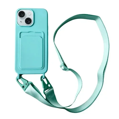 Funda para Teléfono iPhone 15 Silicona Líquida Ranura para Tarjeta y Cordón (Verde Menta)