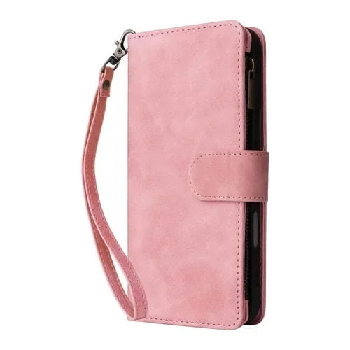 Funda para teléfono iPhone 16 cuero con cremallera y ranura para tarjetas cruzadas (Rosa)