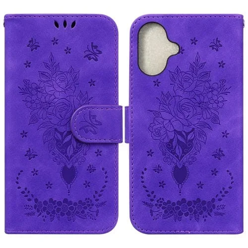 Funda para Teléfono iPhone 16 Cuero con Relieve de Mariposa y Rosa (Púrpura)