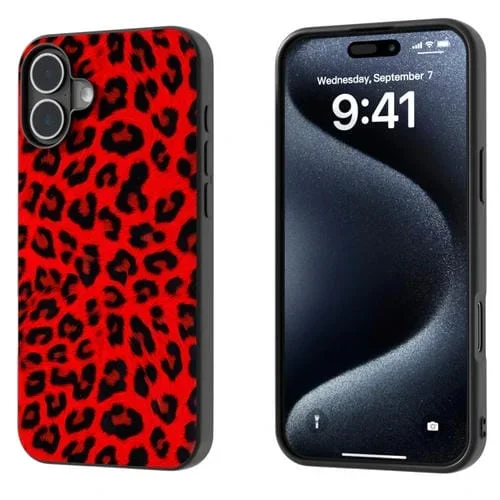 Funda para Teléfono iPhone 16 Estampado de Leopardo Marco Negro (Leopardo Rojo)