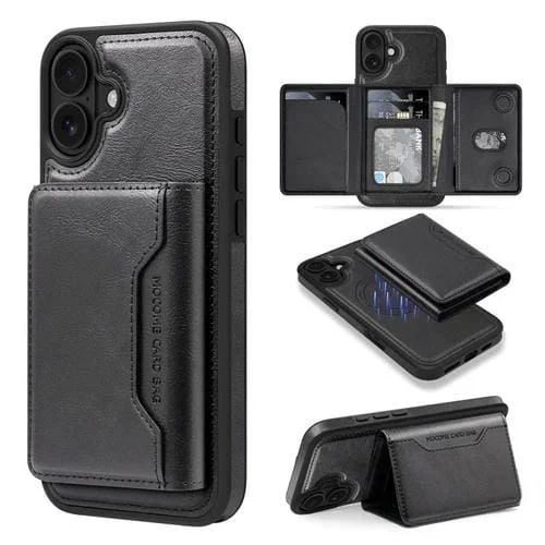Funda para Teléfono iPhone 16 Funda Protectora Múltiples Funciones Ranuras Tarjetas (Negra)