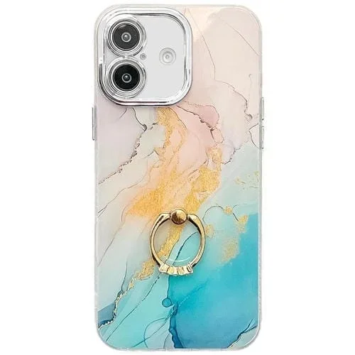 Funda para Teléfono iPhone 16 Plus con Soporte de Anillo y Textura Mármol Galvanizado (Amarillo Verde S13)