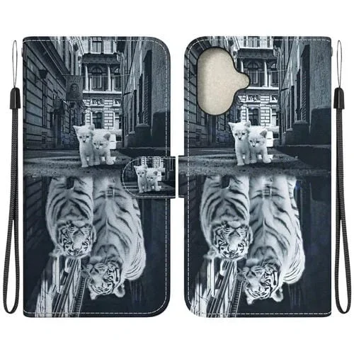 Funda para Teléfono iPhone 16 Plus Cuero Dibujo Coloreado Textura de Cristal (Reflejo de Tigre Gato)