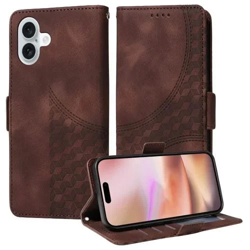 Funda para Teléfono iPhone 16 Plus Cuero Estrellado Rombo En Relieve (Marrón)
