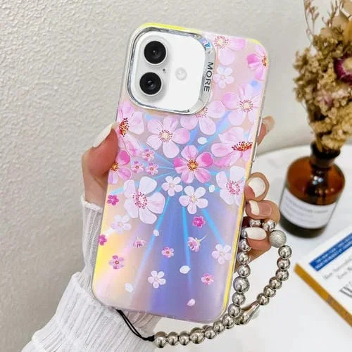 Funda para Teléfono iPhone 16 Plus Flor Láser Galvanizada con Correa para la Muñeca (Flor Rosa)