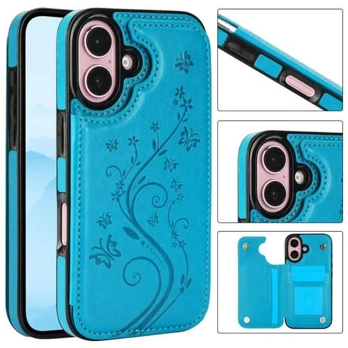 Funda para Teléfono iPhone 16 Plus PU Estampado Mariposa Doble Hebilla (Azul)