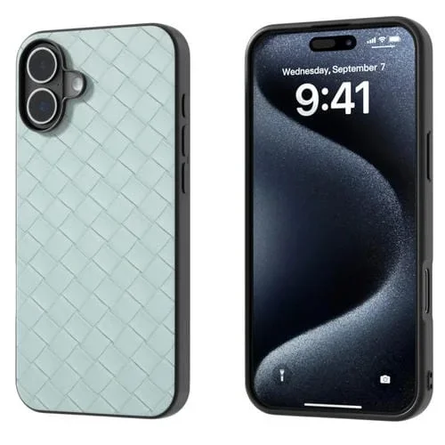 Funda para Teléfono iPhone 16 Plus PU Textura Tejida Marco Negro (Verde Claro)