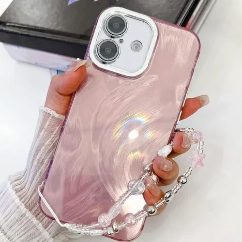 Funda para Teléfono iPhone 16 Plus Pulsera Cadena Textura Brillante TPU (Hilo de Plumas Rosa)