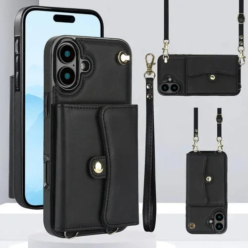 Funda para Teléfono iPhone 16 Plus Ranura Tarjeta Rfid Cordón Largo (Negro)