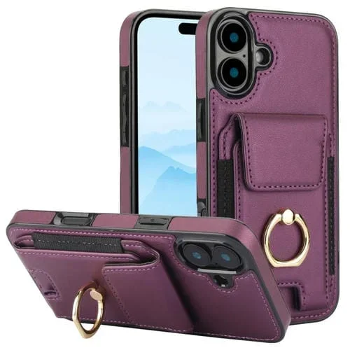Funda para Teléfono iPhone 16 Plus Soporte Tarjetas Anillo Elástico (Morado)