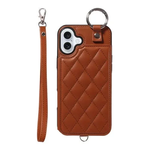 Funda para Teléfono iPhone 16 Plus Textura Rómbica Cordón Corto (Marrón)
