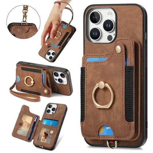 Funda para Teléfono iPhone 16 Pro Billetera MultiTarjeta Piel Sintética Anillo (Marrón)