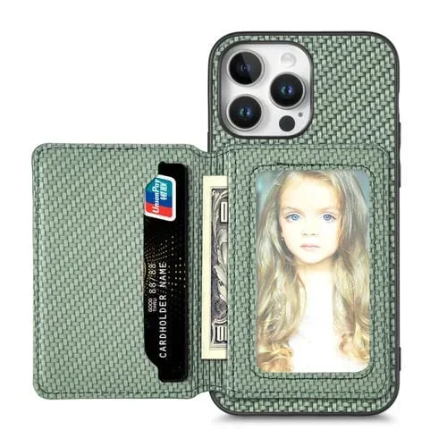 Funda para Teléfono iPhone 16 Pro Bloqueo RFID Billetera Fibra de Carbono (Verde)