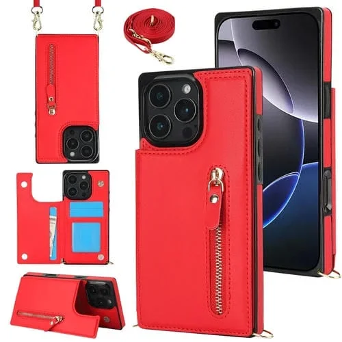 Funda para Teléfono iPhone 16 Pro Cuadrada con Cremallera y Diseño Cruzado (Roja)