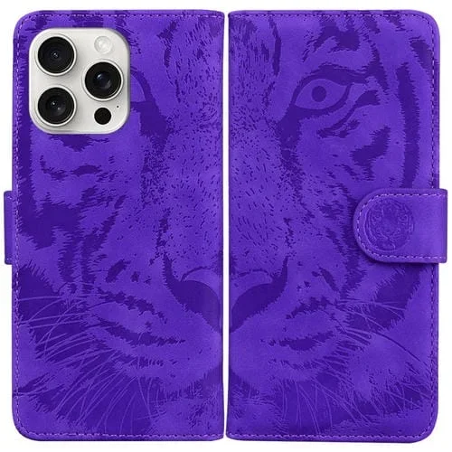 Funda para Teléfono iPhone 16 Pro Cuero con Patrón de Relieve de Tigre (Púrpura)