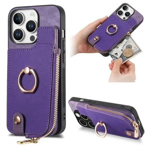 Funda para Teléfono iPhone 16 Pro Max Cremallera Vertical Anillo de Cuero (Morado)