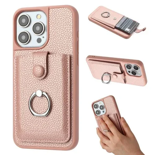 Funda para Teléfono iPhone 16 Pro Max Soporte Anillo Diseño Tarjeta Textura Lichi (Oro Rosa)