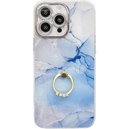 Funda para Teléfono iPhone 16 Pro Max Soporte de Anillo Textura Mármol Galvanizado (Azul)