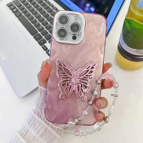 Funda para Teléfono iPhone 16 Pro Max Textura Película Lente Purpurina Soporte Mariposa Pulsera (Rosa)