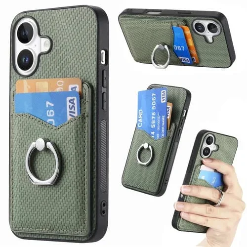 Funda para Teléfono iPhone 16 Tipo Billetera con Anillo y Tarjetero Fibra de Carbono (Verde)