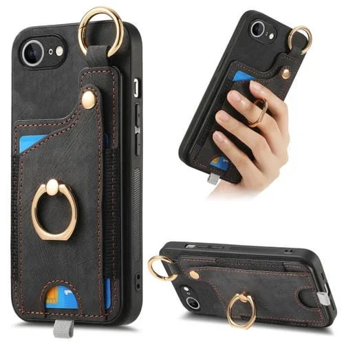 Funda para Teléfono iPhone 16E con Anillo y Tarjetero Estilo Retro con Asa (Negra)