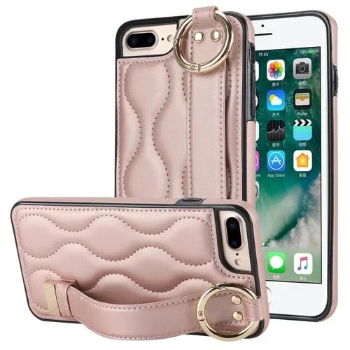 Funda para teléfono iPhone 7 Plus 8 Plus antideslizante cobertura completa anillo PU con muñequera (Oro Rosa)