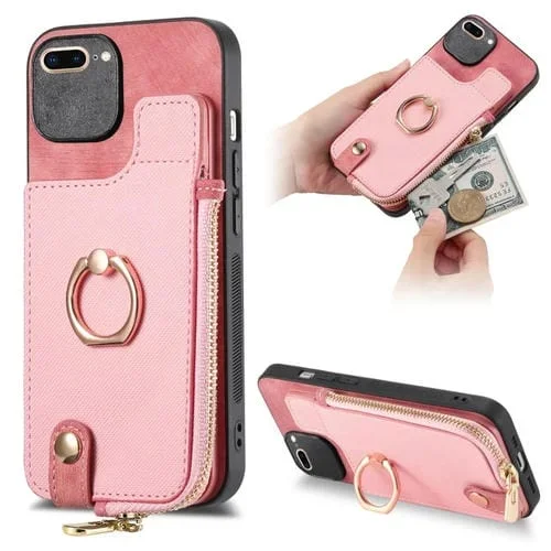 Funda para Teléfono iPhone 7 Plus/8 Plus con Billetera, Cremallera Vertical y Anillo de Cuero (Rosa)