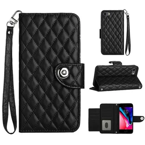 Funda para Teléfono iPhone SE 2022/2020/8/7 Cuero con Tapa Textura Rómbica y Cordón (Negro)