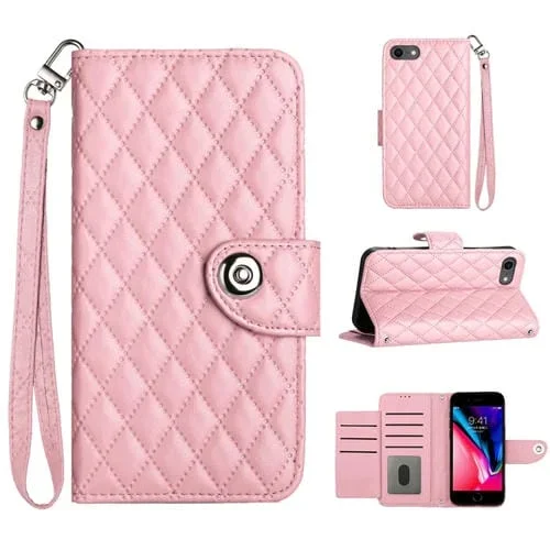 Funda para Teléfono iPhone SE 2022/2020/8/7 Cuero con Tapa Textura Rómbica y Cordón (Rosa)