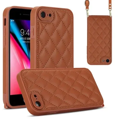 Funda para Teléfono iPhone SE 2022/SE 2020 con Textura Rómbica y Cordón Doble (Marrón)