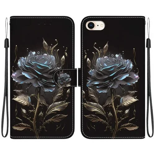 Funda para Teléfono iPhone SE 2022/SE 2020 Cuero Dibujo Coloreado Textura Cristal (Rosa Negra)