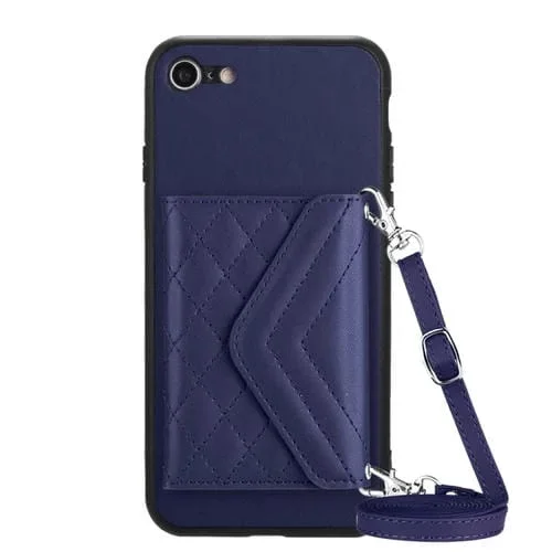 Funda para Teléfono iPhone Se 2022/Se 2020 Rfid con Bolsa para Tarjetas Textura Rómbica y Cordón Largo (Púrpura Oscuro)