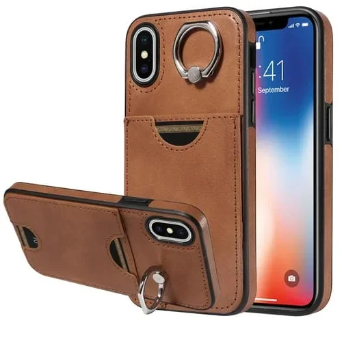 Funda para Teléfono iPhone X Xs con Soporte para Anillo y Ranura para Tarjeta (Marrón)