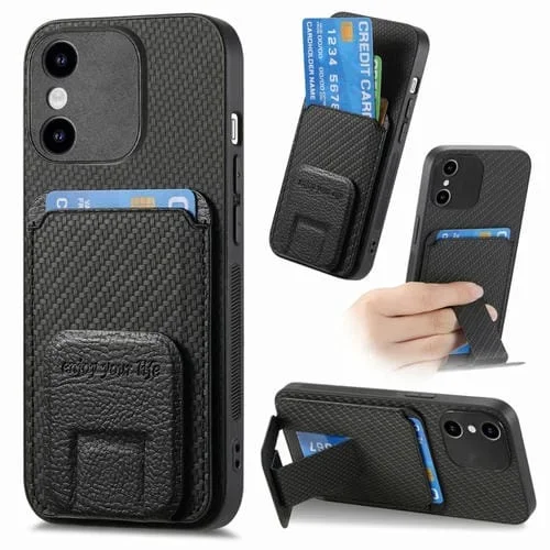 Funda para Teléfono iPhone X Xs con Soporte Plegable y Bolsa para Tarjetas Fibra de Carbono (Negro)