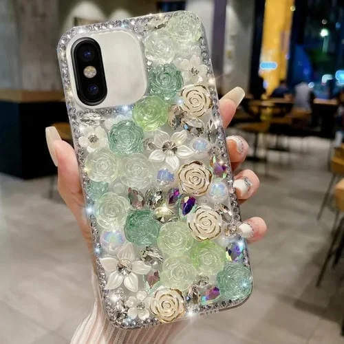 Funda para Teléfono iPhone X Xs Rose Hand-Set Pearl Diamond PC (Verde)