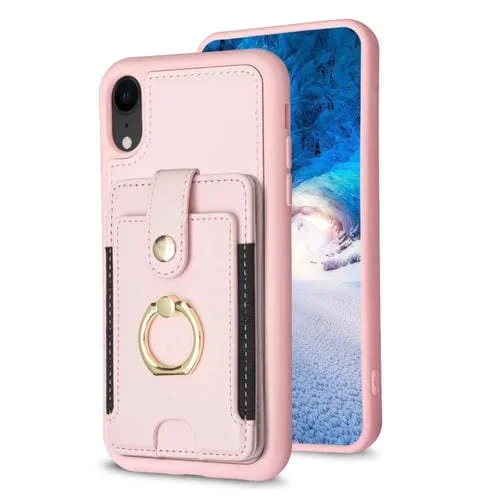 Funda para Teléfono iPhone Xr Bf27 con Soporte para Tarjeta y Anillo de Metal (Rosa)