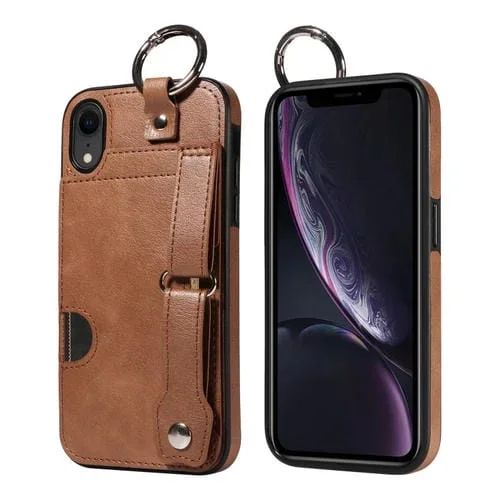 Funda para Teléfono iPhone Xr con Anillo y Ranura para Tarjeta con Textura de Pantorrilla (Marrón)
