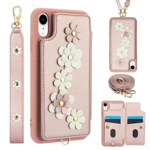 Funda para Teléfono iPhone Xr Cuero Estampado Flores Cruzadas (Oro Rosa)