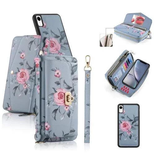 Funda para Teléfono iPhone Xr Pola Flower Cuero Billetera Cremallera Multifuncional (Azul)
