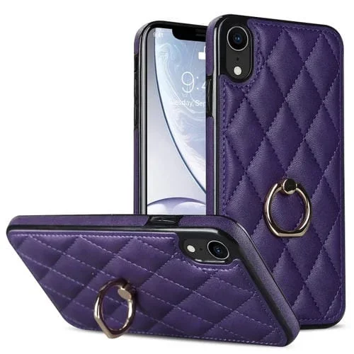 Funda para teléfono iPhone Xr Rhombic PU Cuero con soporte para anillo (Púrpura)