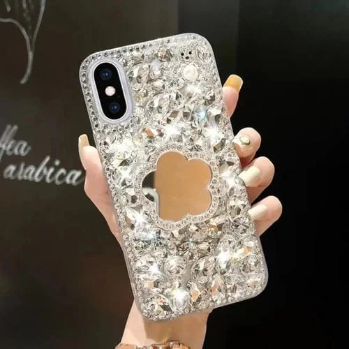 Funda para Teléfono iPhone Xs Max con Espejo y Diamantes de Imitación Hecha a Mano (Flor Gris Plateada)